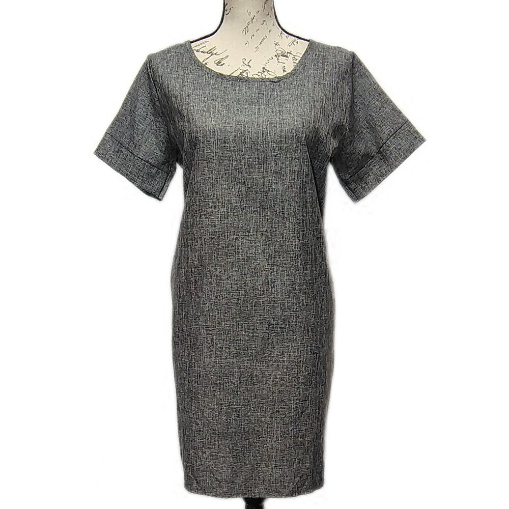 Retro Gray Short Sleeve Shift Dress Large‎ Knee Length Midi Pockets 60s Office